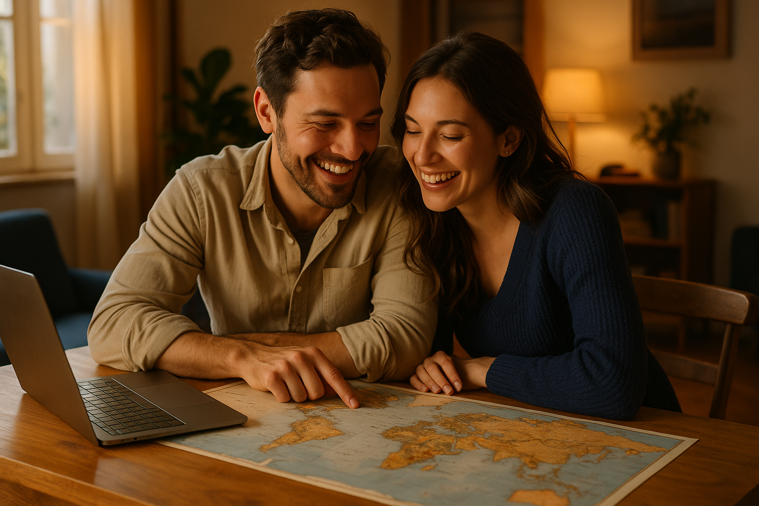 A couple looking at a world map together while planning an international meeting