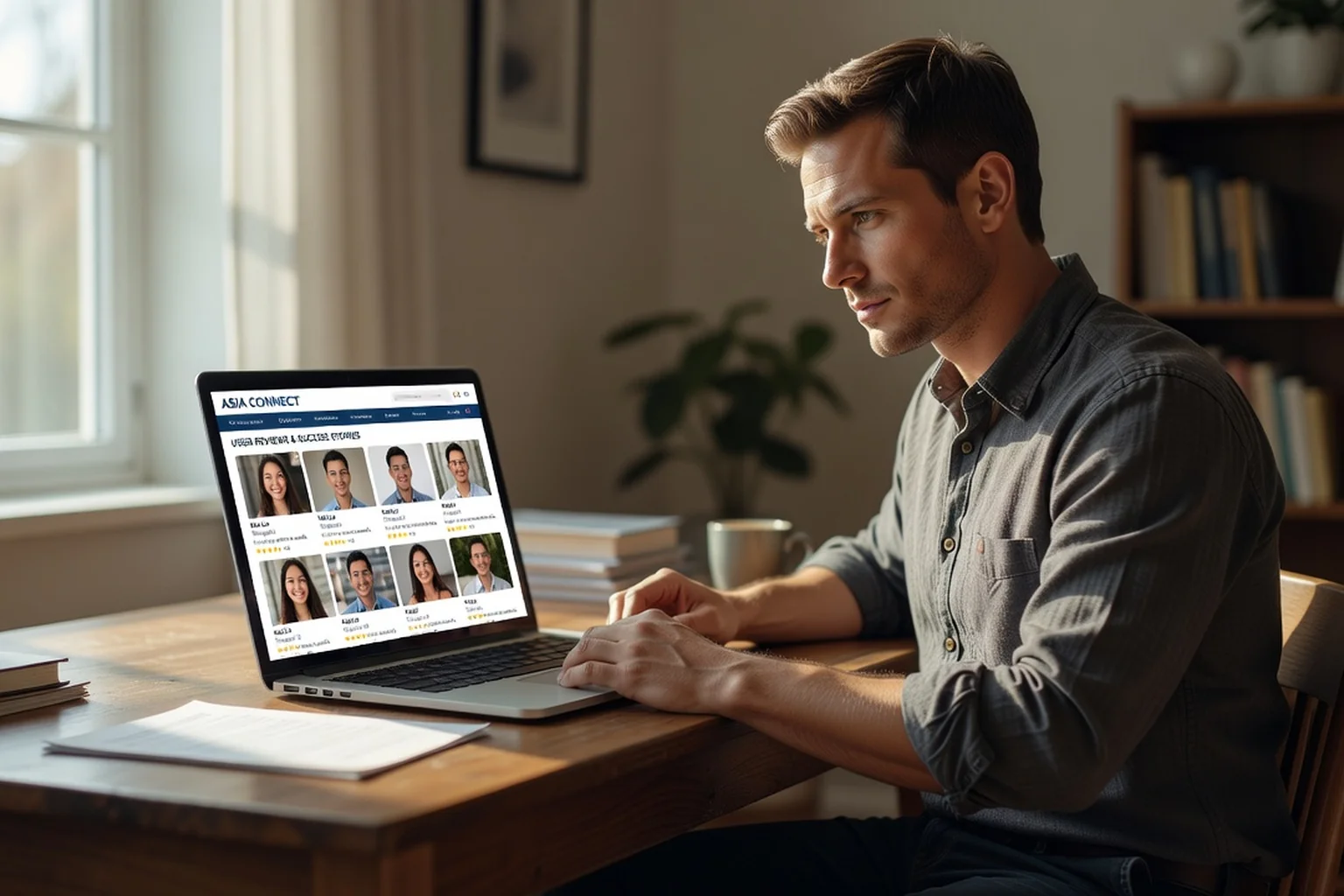 A man reading a ChinaLoveCupid review on a laptop showing pricing and profile pages