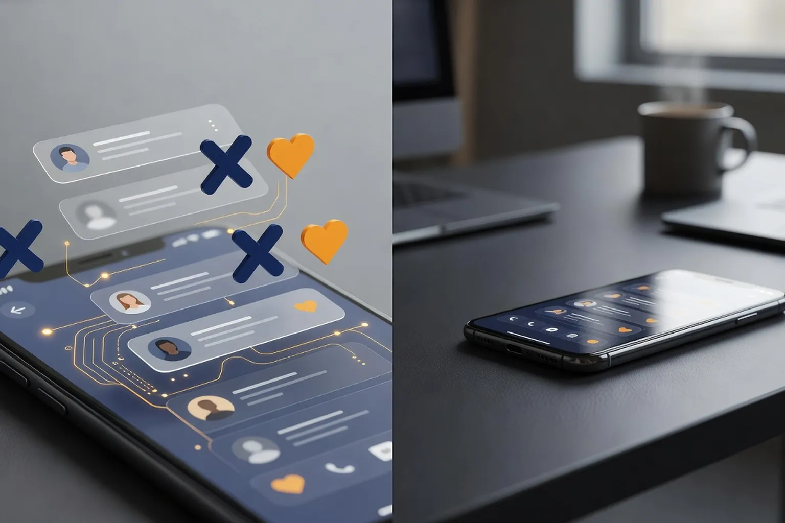 Split-screen style image showing different dating app interfaces on a phone