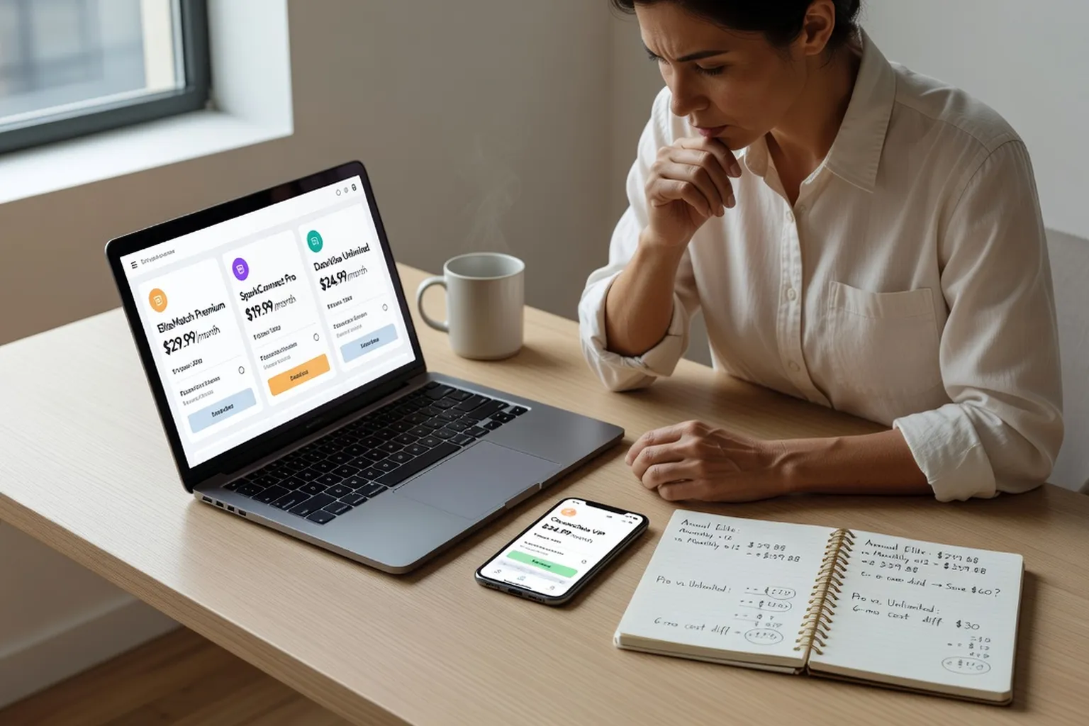 A person comparing dating app subscription prices on a laptop