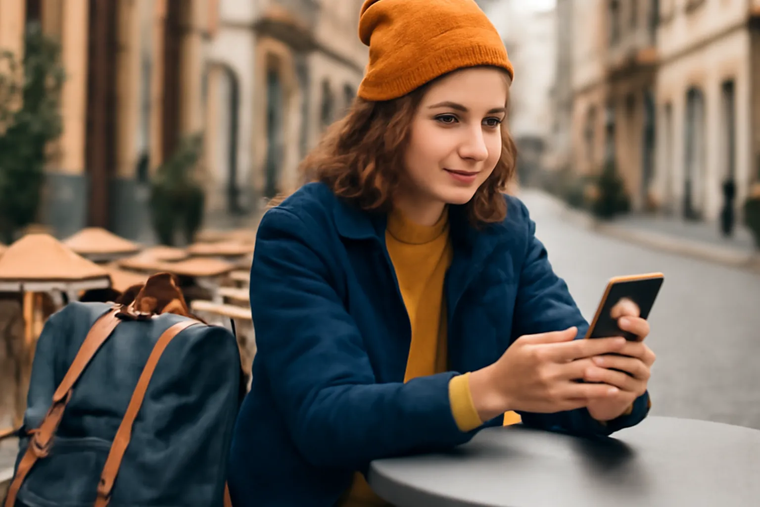A solo traveler checking a dating app while sitting at a cafe in an unfamiliar city