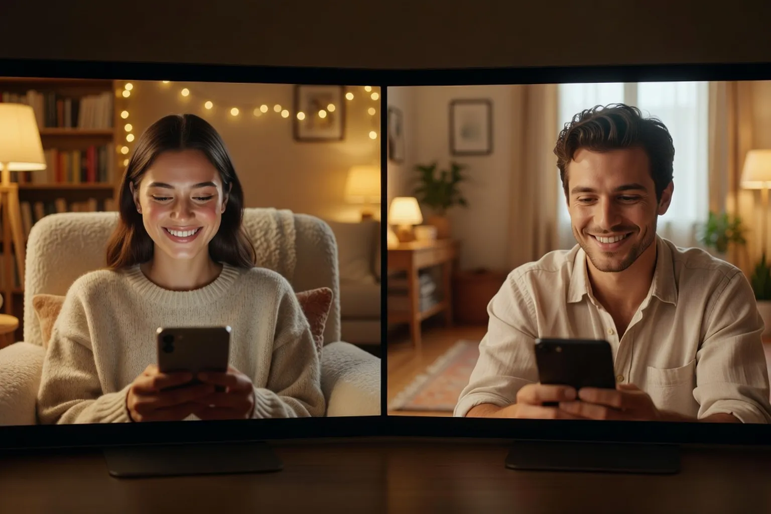 Two people having a warm first video call on a dating app