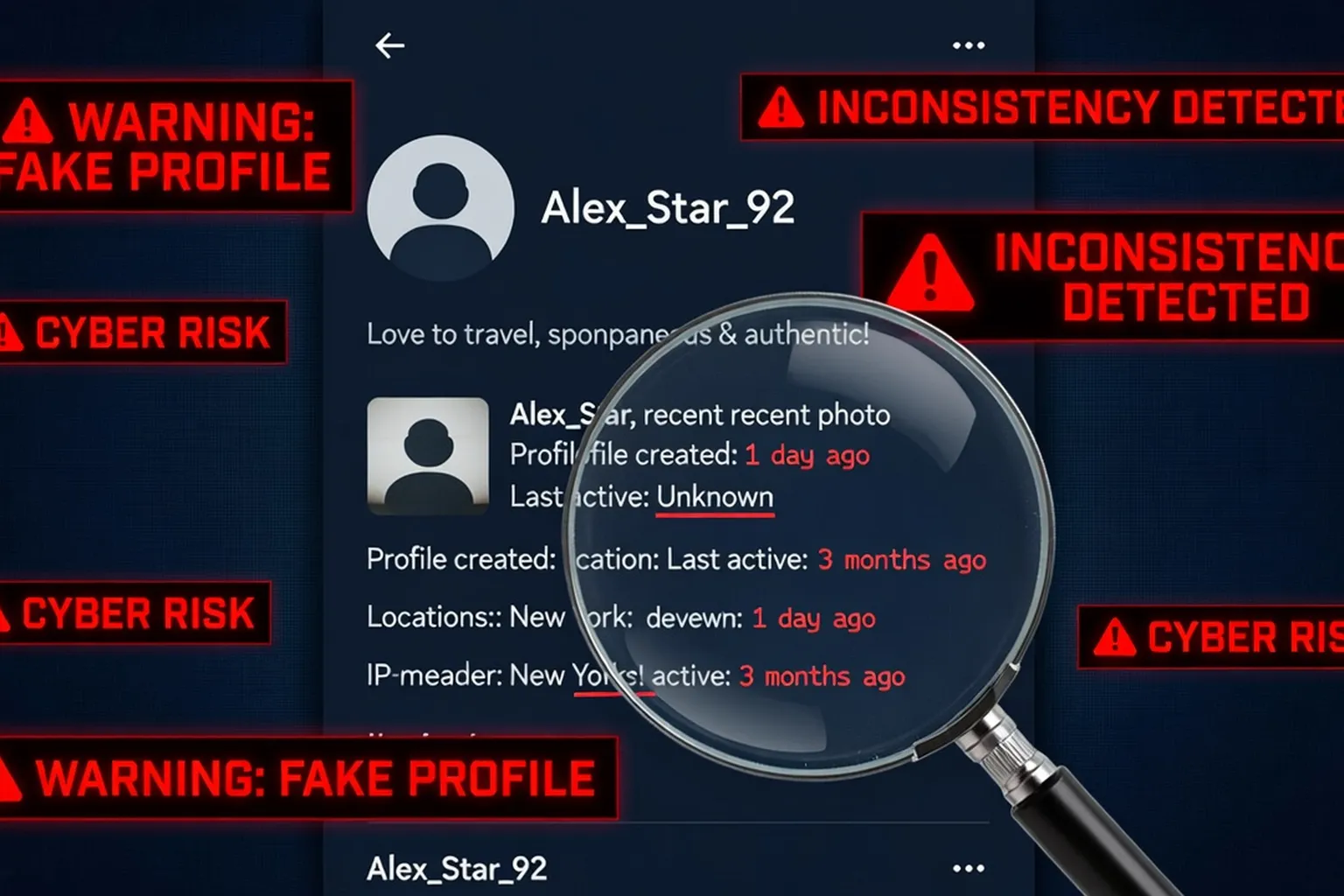 Red warning signs overlaid on a suspicious dating profile