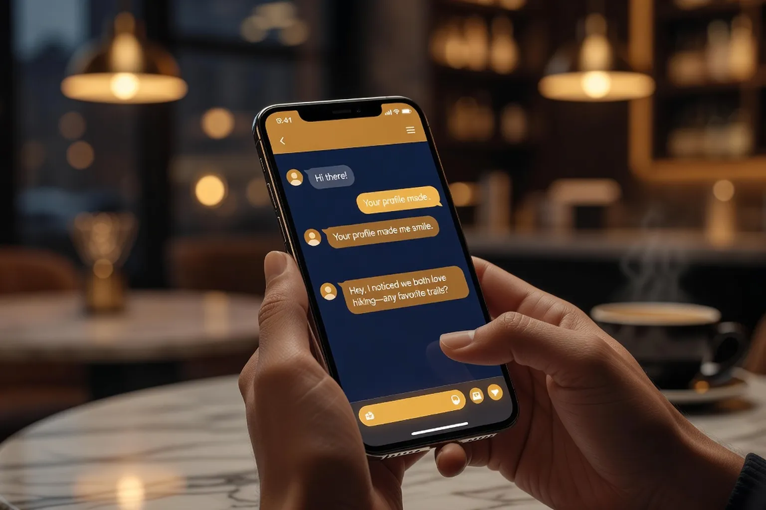 Person typing the perfect first message on a dating app