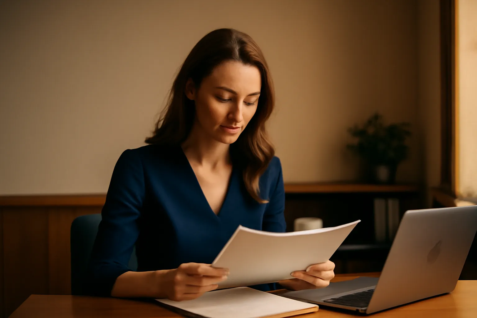 A woman reading a document at her desk with a laptop beside her, considering the terms of an international introduction service