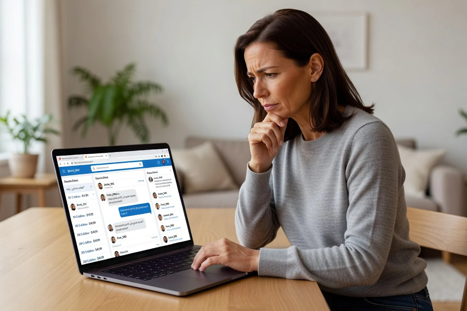 A woman comparing Latinomaria credit costs and profile pages on a laptop at home