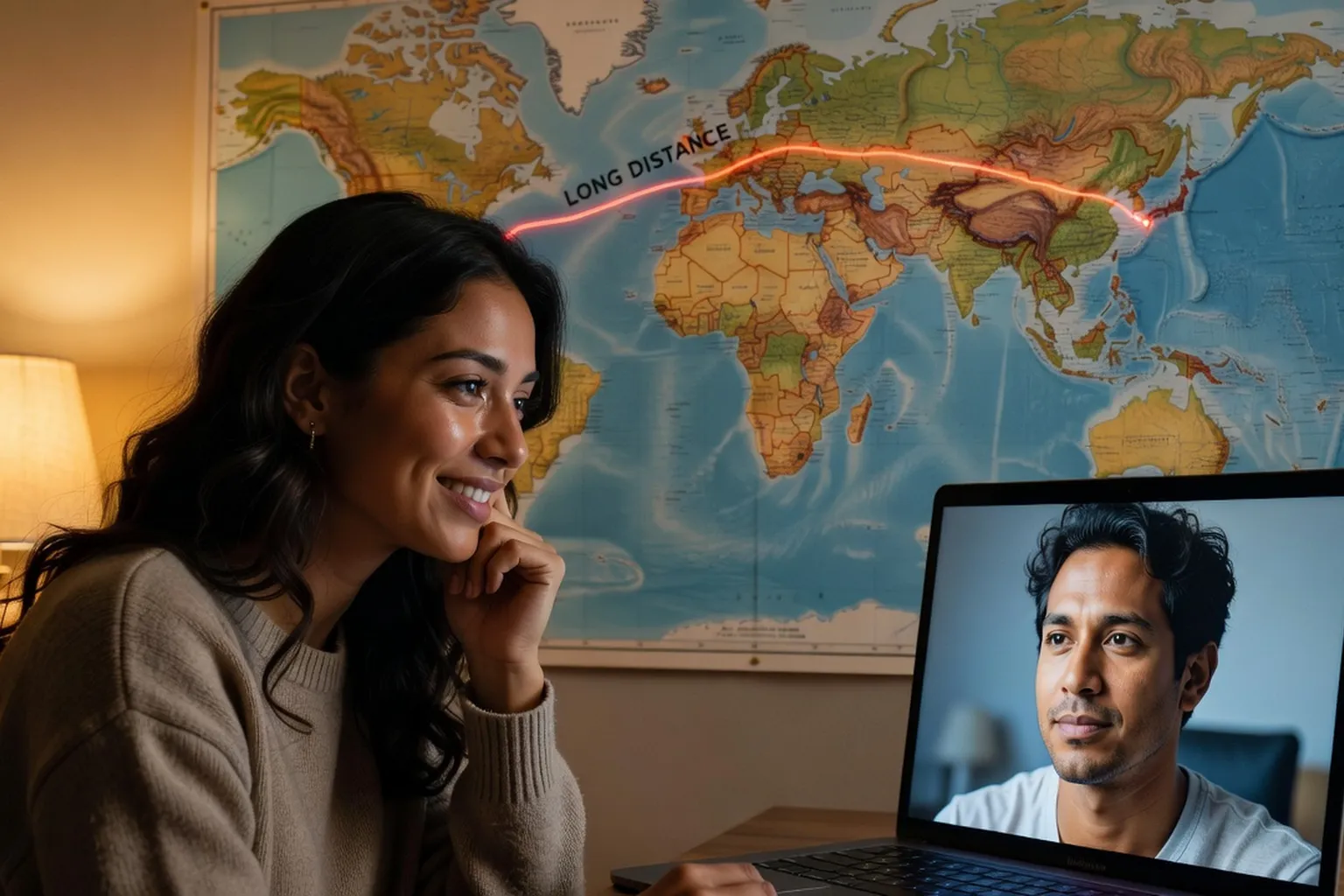 Couple on a video call maintaining a long-distance relationship that started online