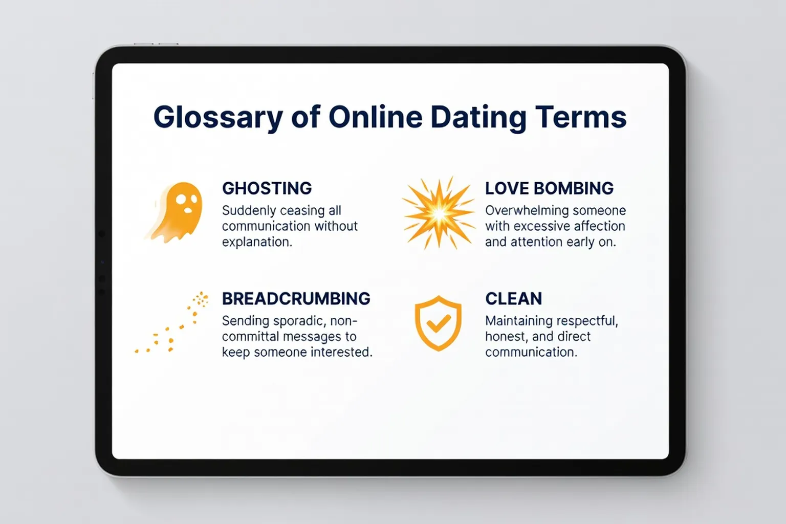 Online dating glossary showing modern app terms on a smartphone screen