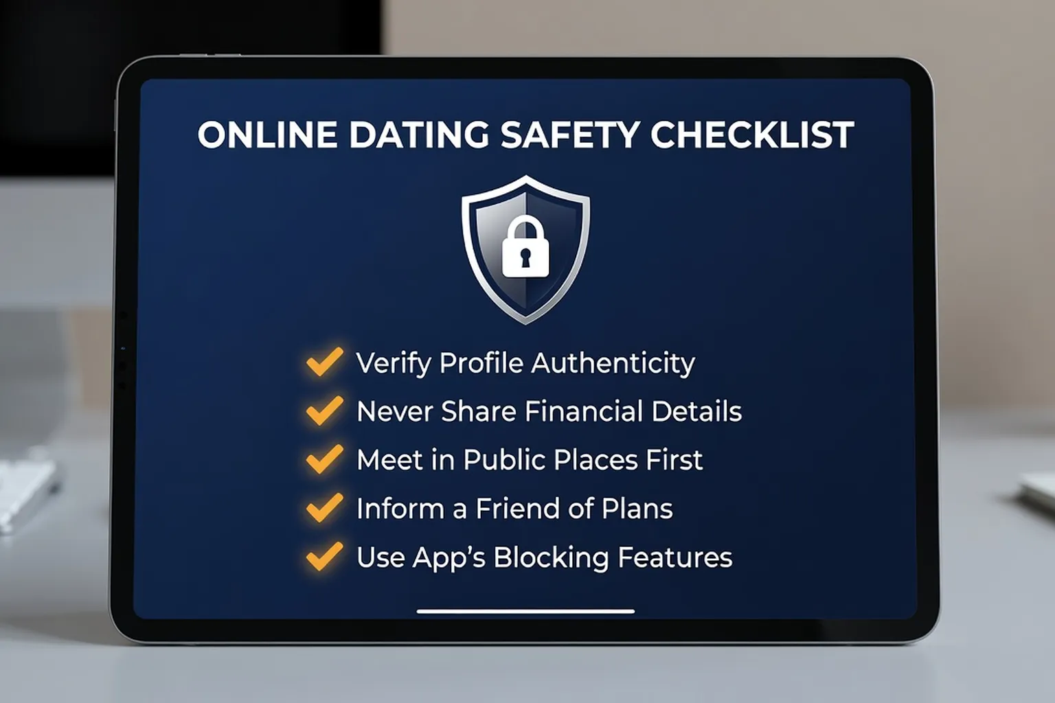 Online dating safety checklist displayed on a tablet screen