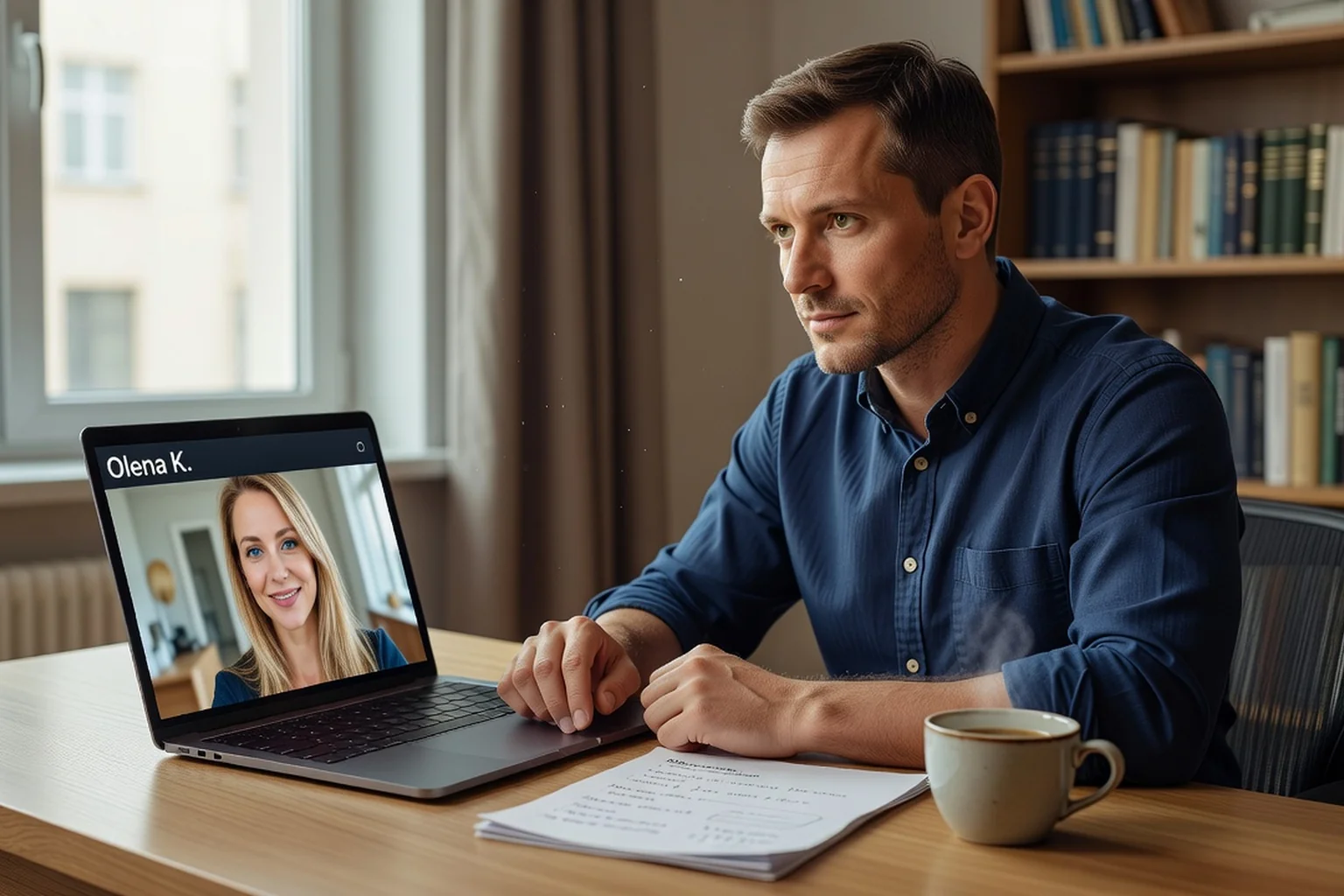 A man preparing for a video date with a Ukrainian match while reviewing printed meeting terms